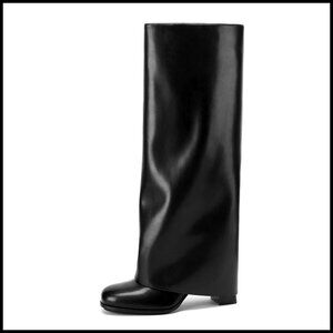 Knee High Boots Fold Over Chunky Heel Zipper Round Toe Dress Boots Elegant
